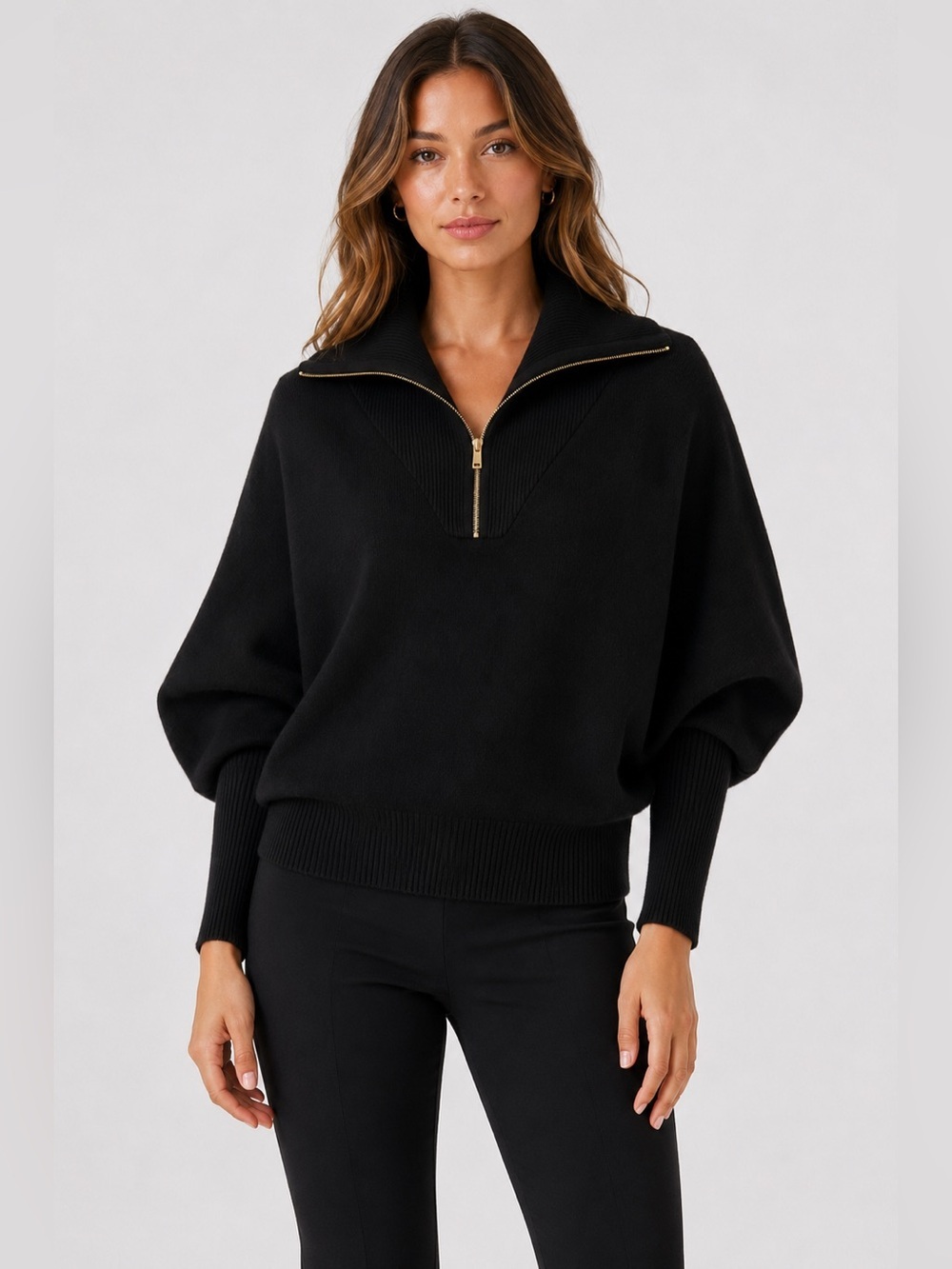 Zara Oversized Soft Half-Zip Black Batwing Sleeve Turtleneck Sweater - Picture 1 of 6